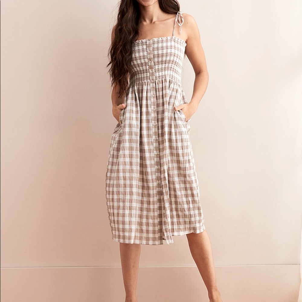 Smocked Gingham Midi Dress NWT